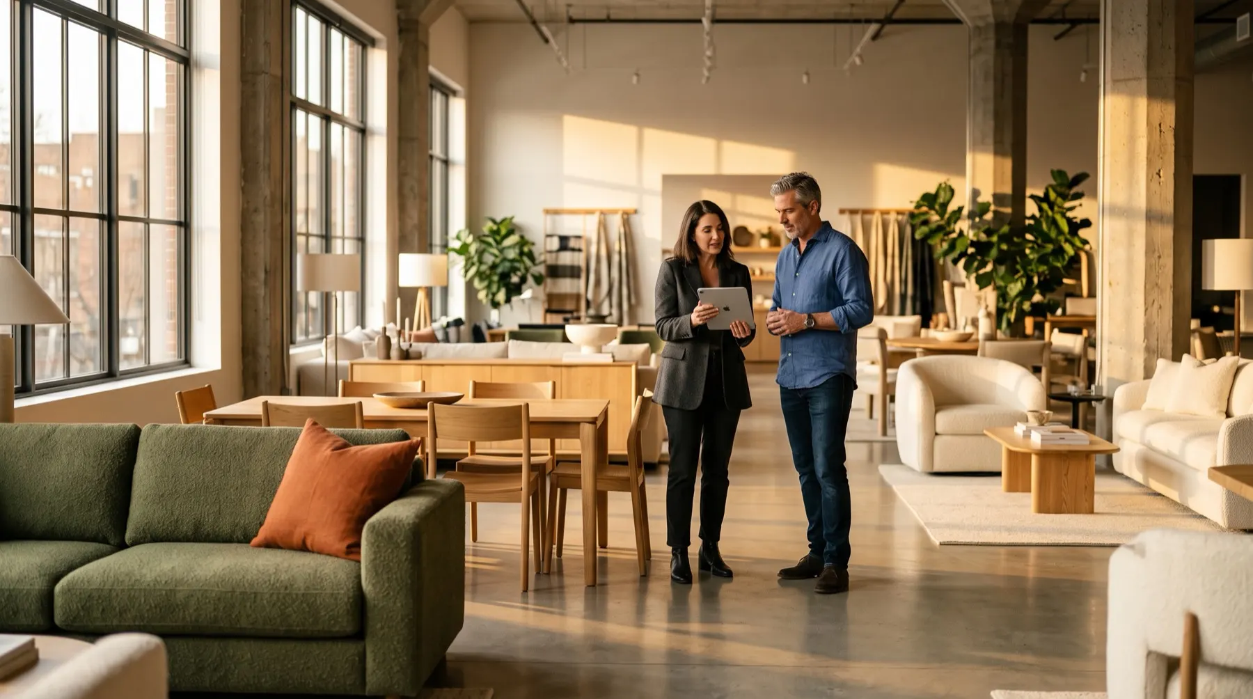 A sales rep and a store buyer reviewing a proposal together in a furniture showroom